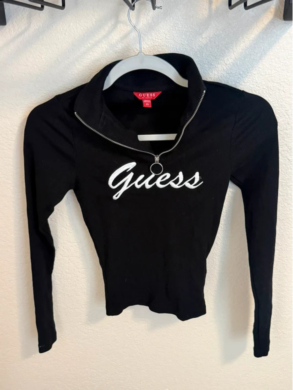GUESS Embroidered Logo Half-Zip Ribbed Top - Size XS
